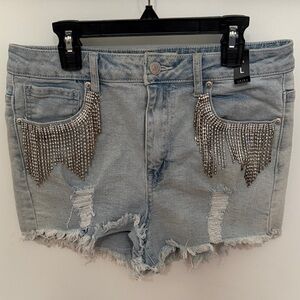 AKIRA Light Blue Denim Shorts with Silver Crystal Accents